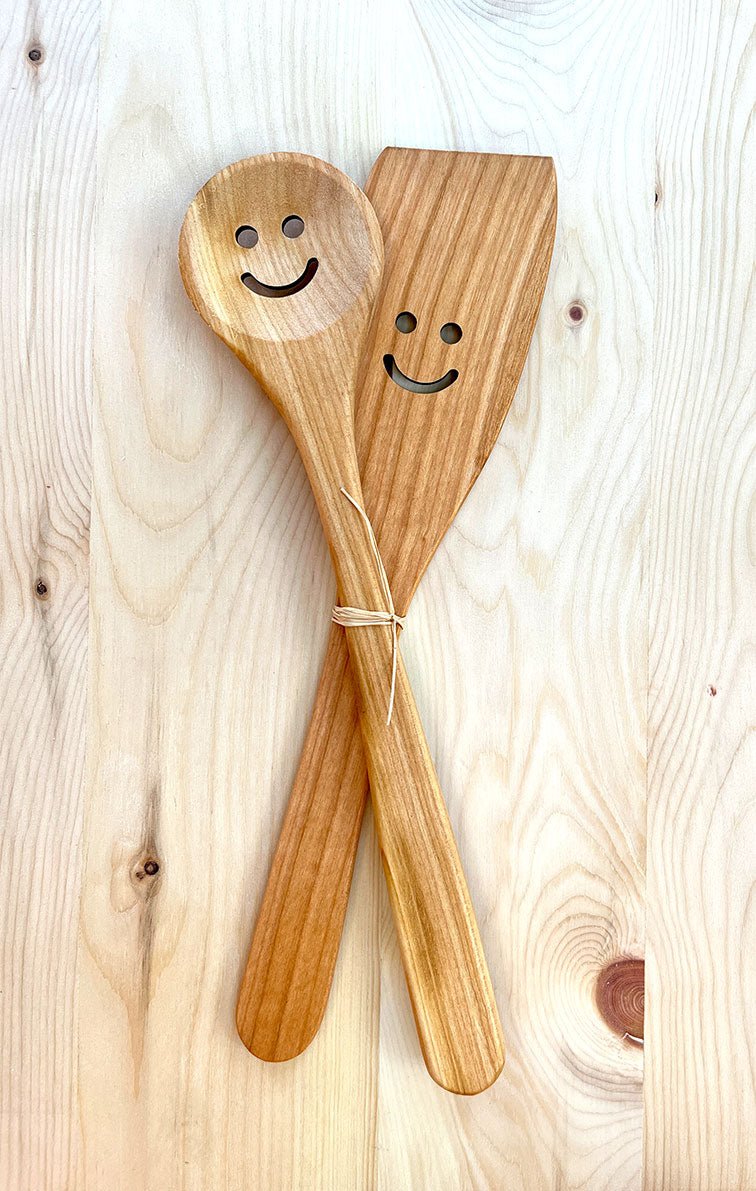 Lucky pair spoon spatula happy face - Woodjana