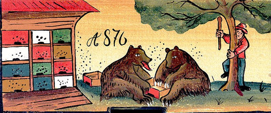 Painted beehive panel - 2 bears feasting - Woodjana