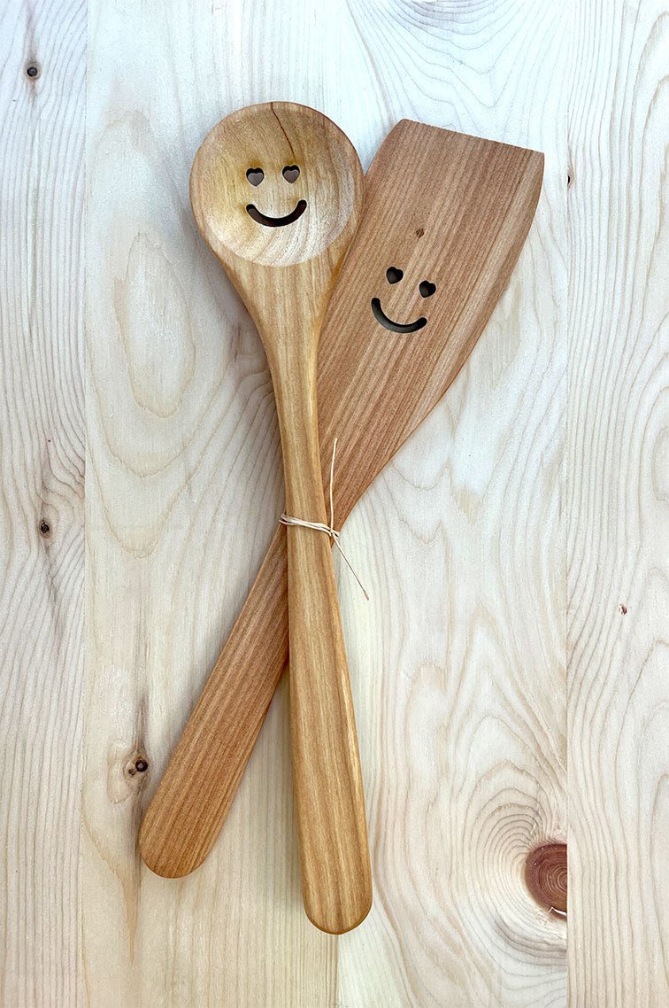 Lucky pair spoon spatula happy face - Woodjana