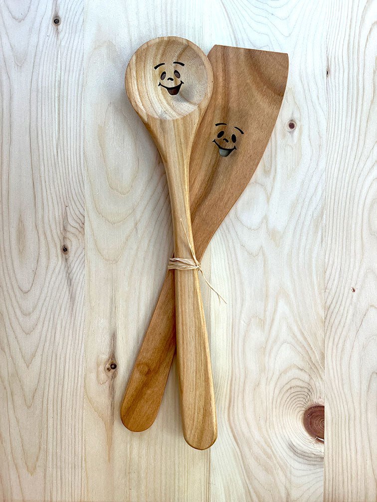 Lucky pair spoon spatula happy face - Woodjana