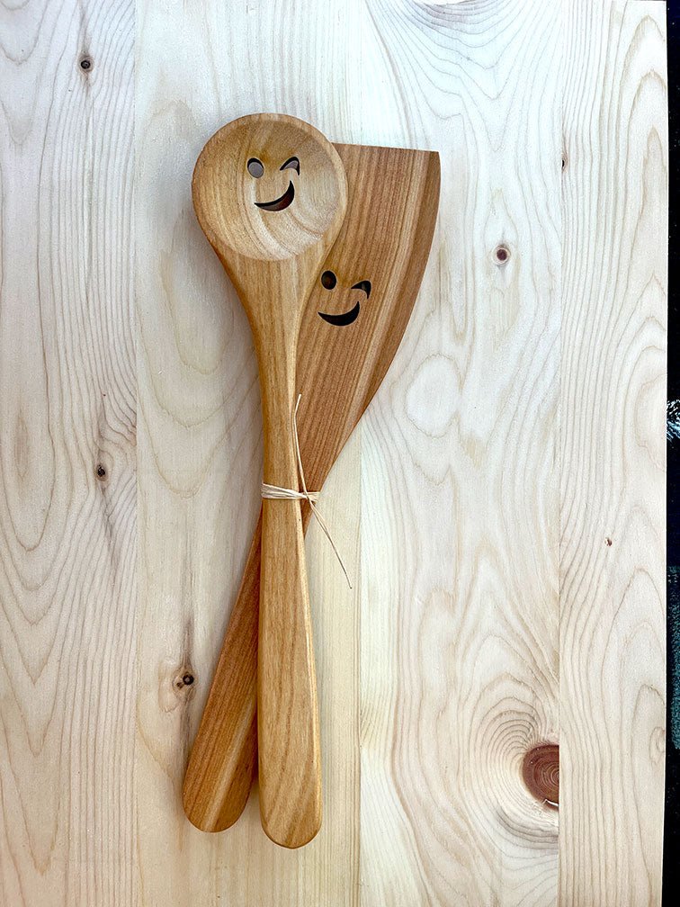 Lucky pair spoon spatula happy face - Woodjana